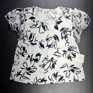 Perseption Concept XL Womens Black & White Floral Print Blouse With Sheer Ruffle